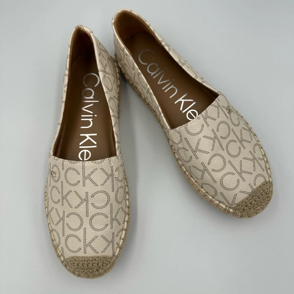 Calvin Klein Monogram Espadrilles Women US 6.5 Cream Slip-On Flats